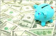 Illustration of a blue piggy bank sitting on hundred dollar bills